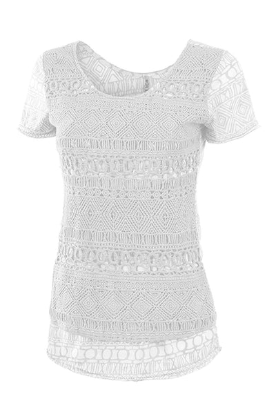 Crochet Overlay Short Sleeve Top | Modest Top in White