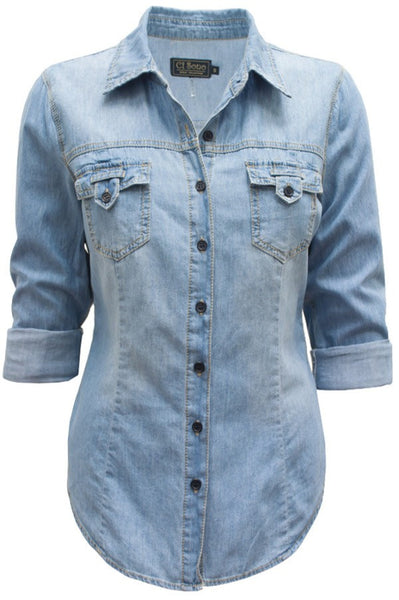 Modest Chambray Denim Shirt | Classic Button Down Shirt Sizes 6-14